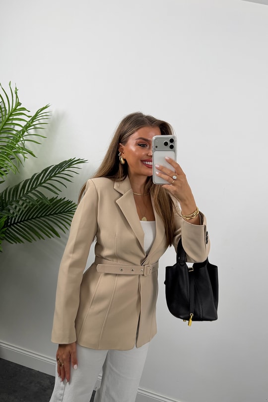 Premium Seri Pensli Kemerli Oturtma Blazer Ceket Taş