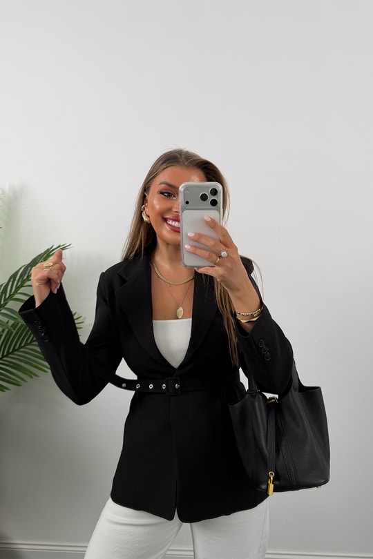 Premium Seri Pensli Kemerli Oturtma Blazer Ceket Siyah