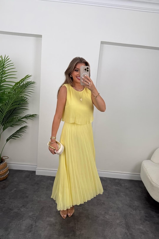 Premium Seri Pileli Maxi Şifon Elbise Butter Yellow - Sarı