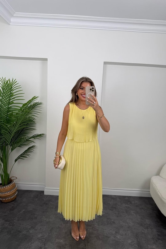 Premium Seri Pileli Maxi Şifon Elbise Butter Yellow - Sarı