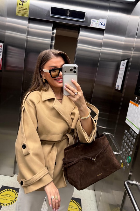 Premium Seri Pinterest Apoletli Kalın Kaşe Kaban Camel