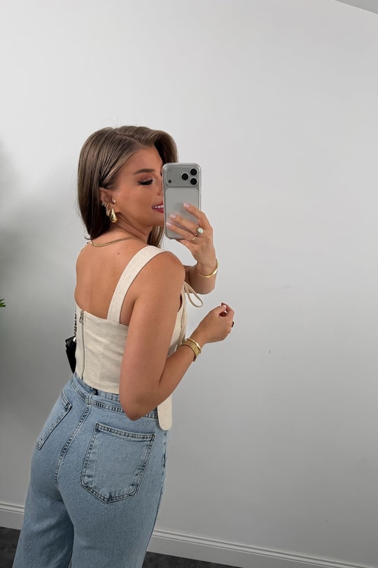 Premium Seri Pinterest Korse Tasarım Bluz Naturel Keten