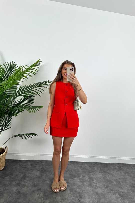Premium Seri Pinterest Model Etek Yelek Takım Keten Versiyon Kırmızı