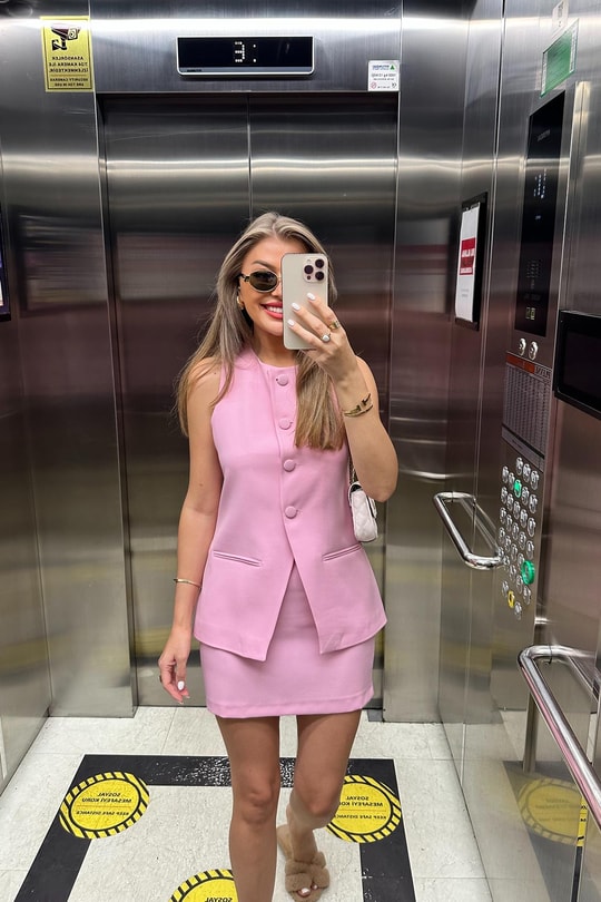 Premium Seri Pinterest Model Etek Yelek Takım Pembe