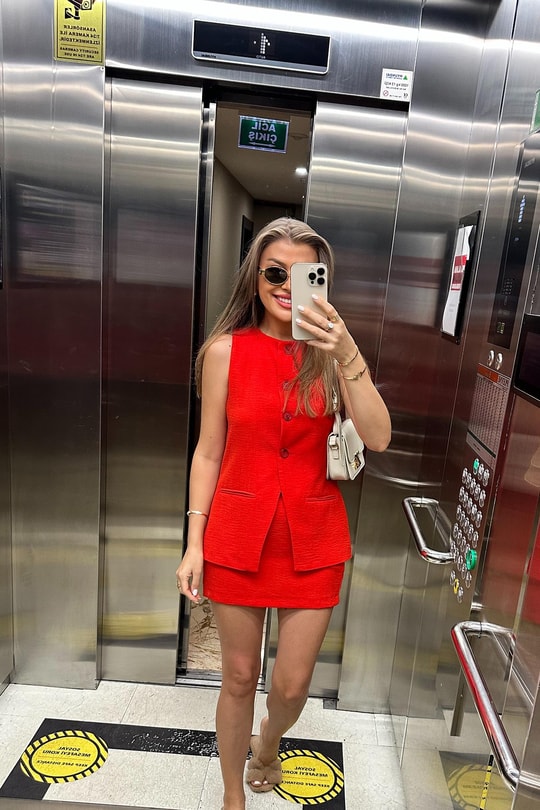 Premium Seri Pinterest Model Etek Yelek Takım Keten Versiyon Kırmızı