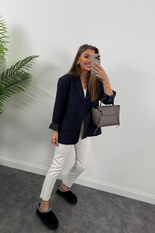 Premium Seri Pinterest Model Oversize Poliviskon Blazer Ceket Lacivert