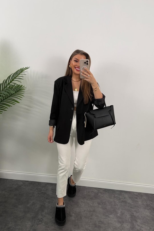 Premium Seri Pinterest Model Oversize Poliviskon Blazer Ceket Siyah