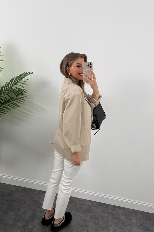 Premium Seri Pinterest Model Oversize Poliviskon Blazer Ceket Taş