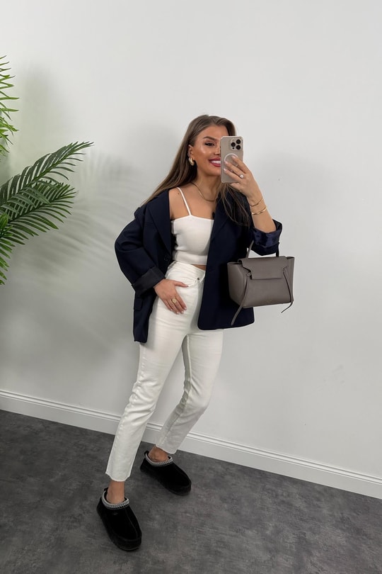 Premium Seri Pinterest Model Oversize Poliviskon Blazer Ceket Lacivert