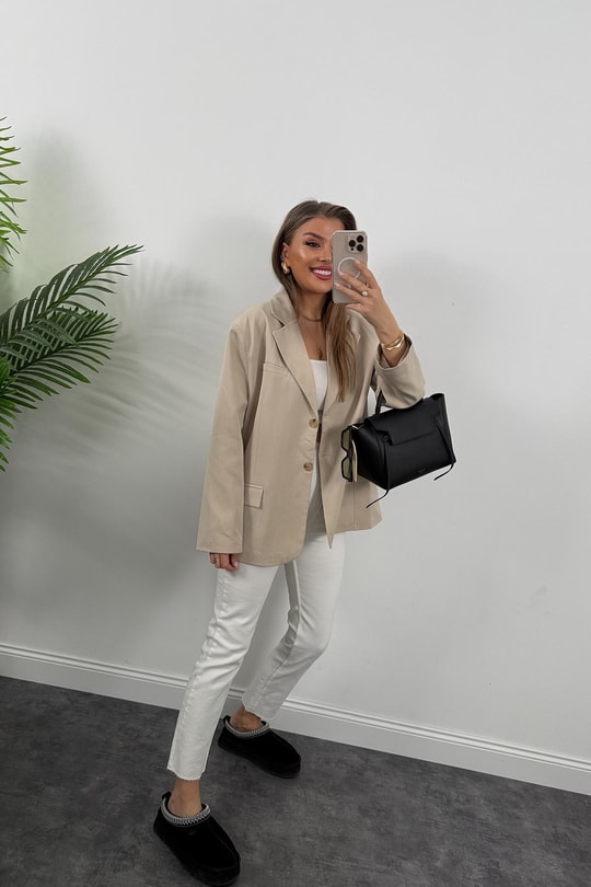 Premium Seri Pinterest Model Oversize Poliviskon Blazer Ceket Taş