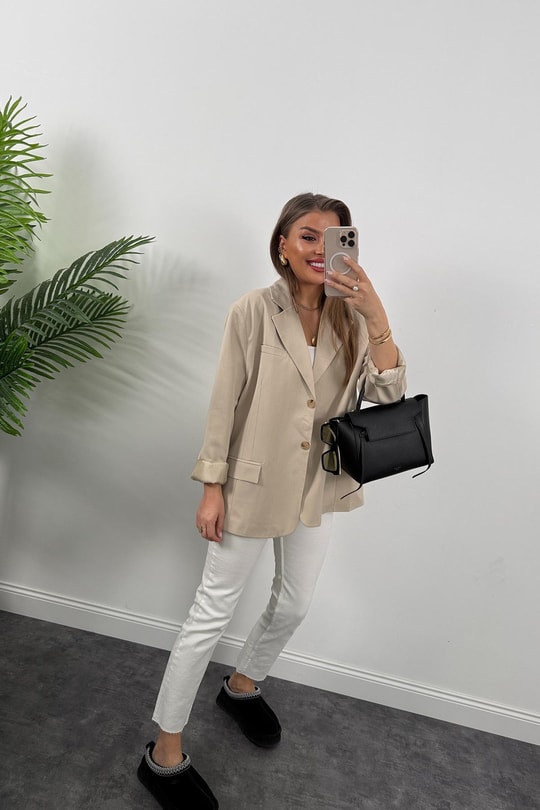 Premium Seri Pinterest Model Oversize Poliviskon Blazer Ceket Taş