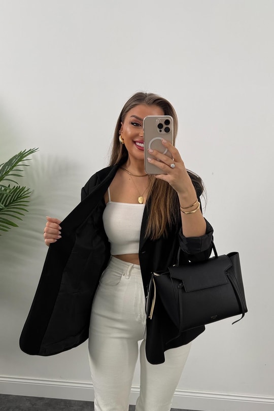 Premium Seri Pinterest Model Oversize Poliviskon Blazer Ceket Siyah