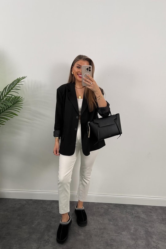 Premium Seri Pinterest Model Oversize Poliviskon Blazer Ceket Siyah