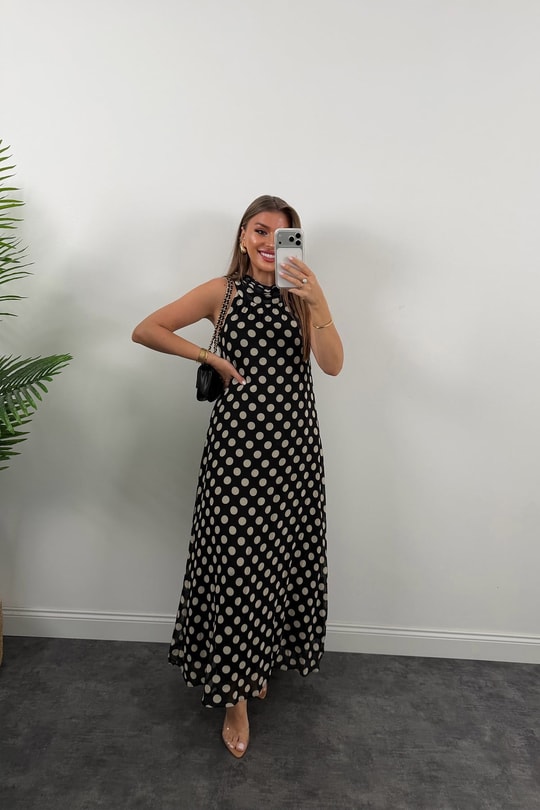 Premium Seri Puantiyeli Maxi Şifon Elbise