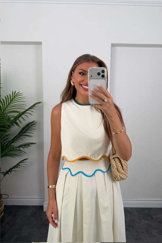 Premium Seri Renkli Biyeli Etek Bluz Takım 