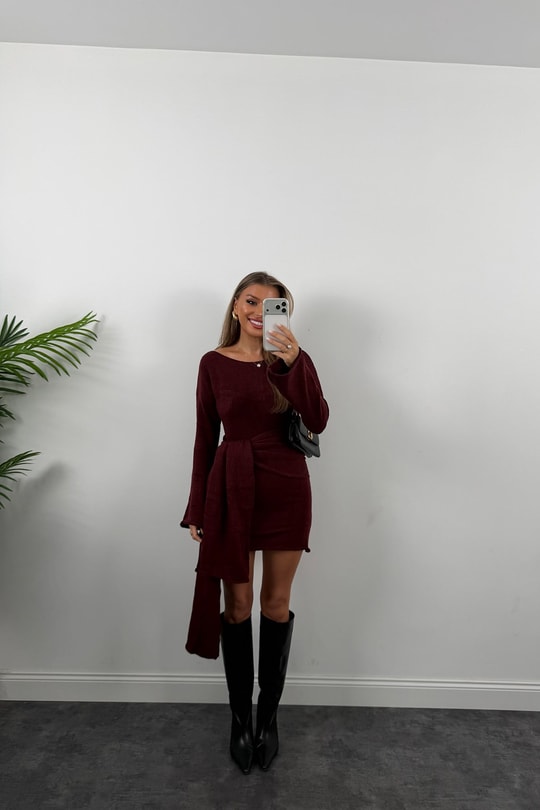 Premium Seri Şallı Yumoş Triko Elbise Bordo