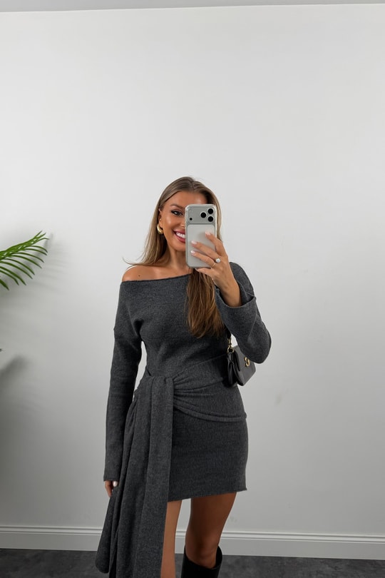 Premium Seri Şallı Yumoş Triko Elbise Antrasit