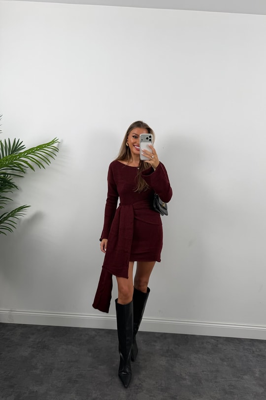 Premium Seri Şallı Yumoş Triko Elbise Bordo
