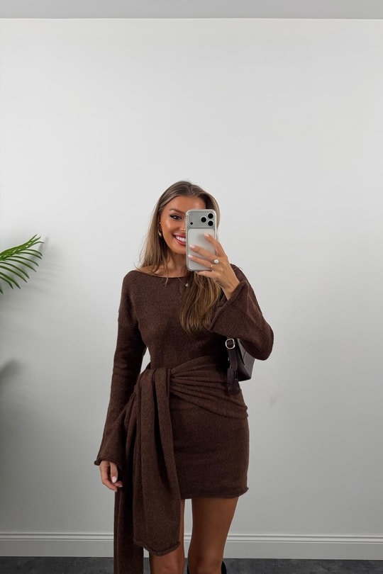 Premium Seri Şallı Yumoş Triko Elbise Kahverengi