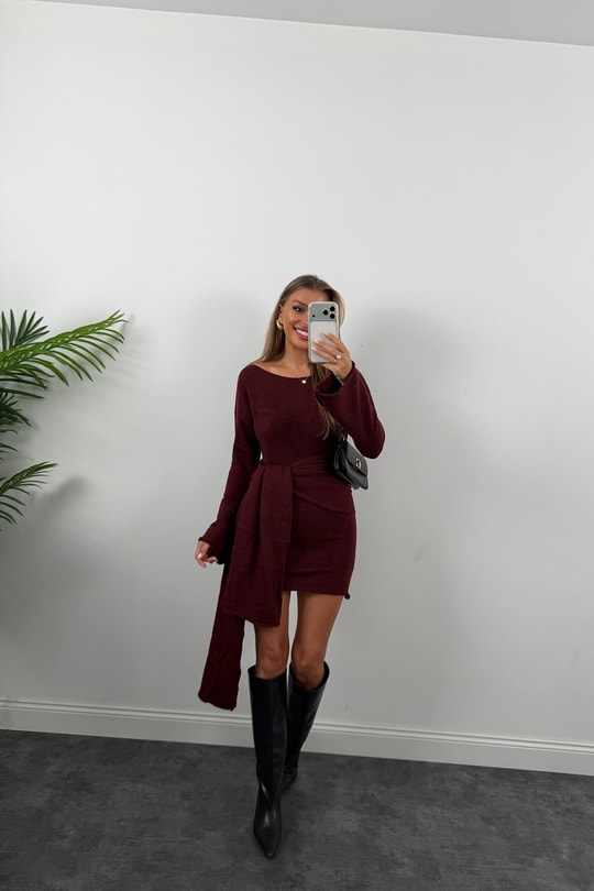 Premium Seri Şallı Yumoş Triko Elbise Bordo