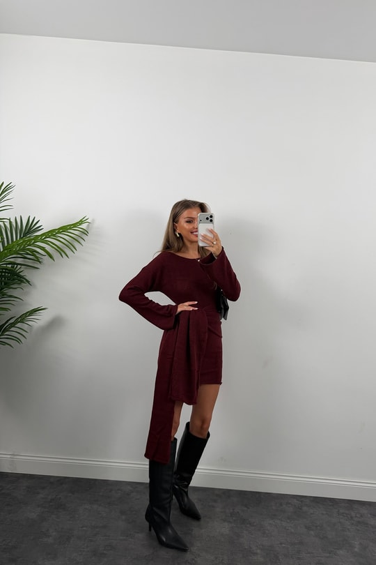 Premium Seri Şallı Yumoş Triko Elbise Bordo