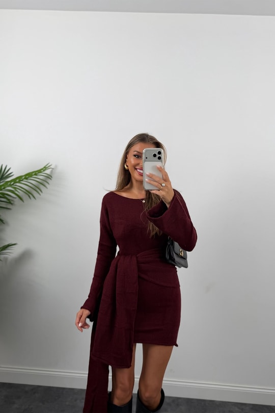 Premium Seri Şallı Yumoş Triko Elbise Bordo