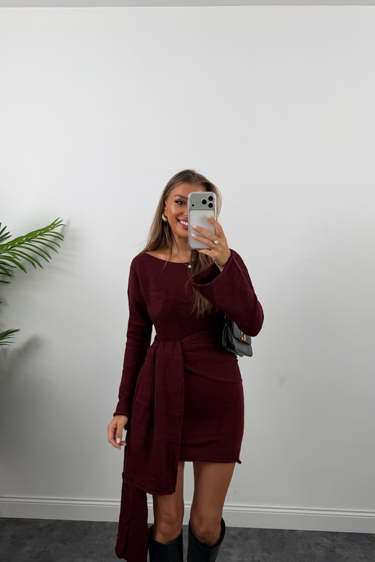 Premium Seri Şallı Yumoş Triko Elbise Bordo