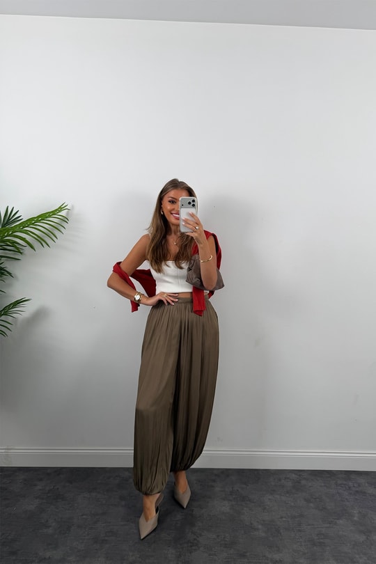 Premium Seri Saten Şalvar Pantolon Haki
