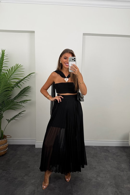 Premium Seri Şifon Pantolon Bluz Tasarım Takım Siyah 