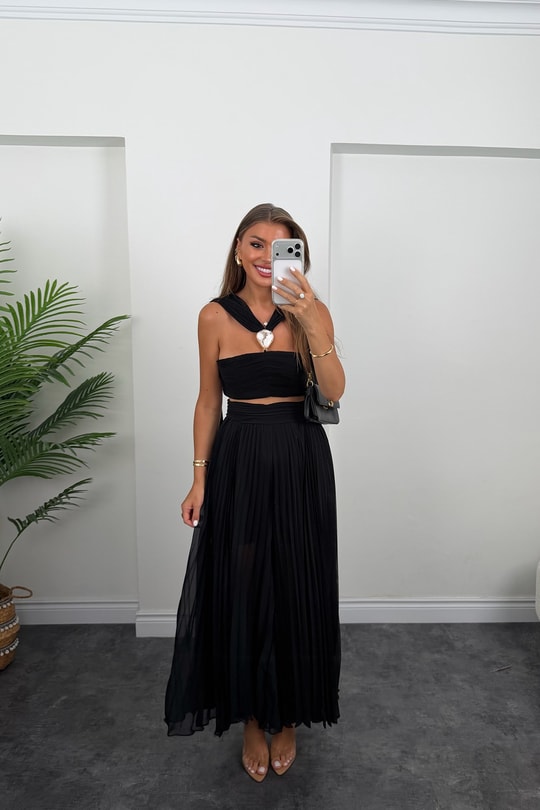 Premium Seri Şifon Pantolon Bluz Tasarım Takım Siyah 