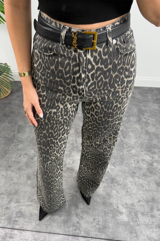 Premium Seri Soluk Efekt Leopar Desen Bol Paça Yüksel Bel Jean