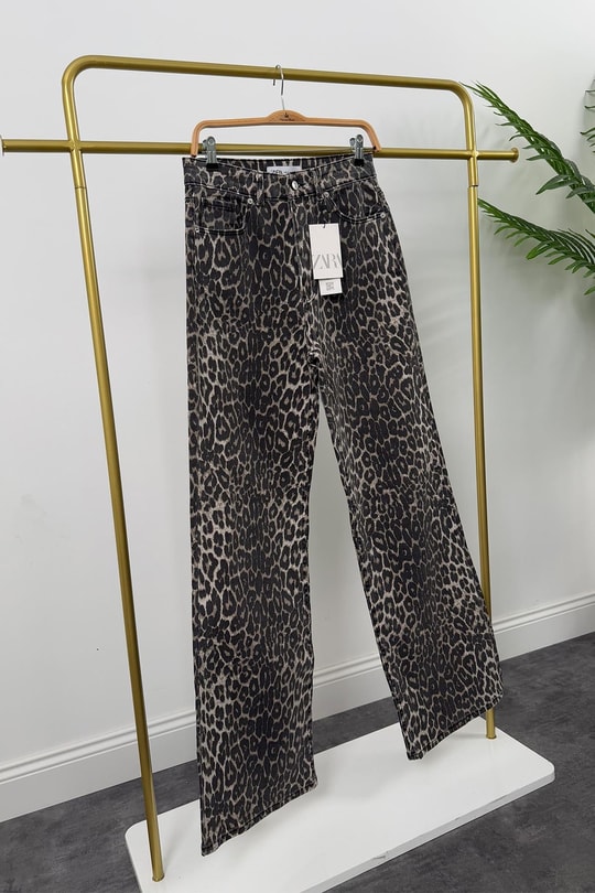Premium Seri Soluk Efekt Leopar Desen Bol Paça Yüksel Bel Jean