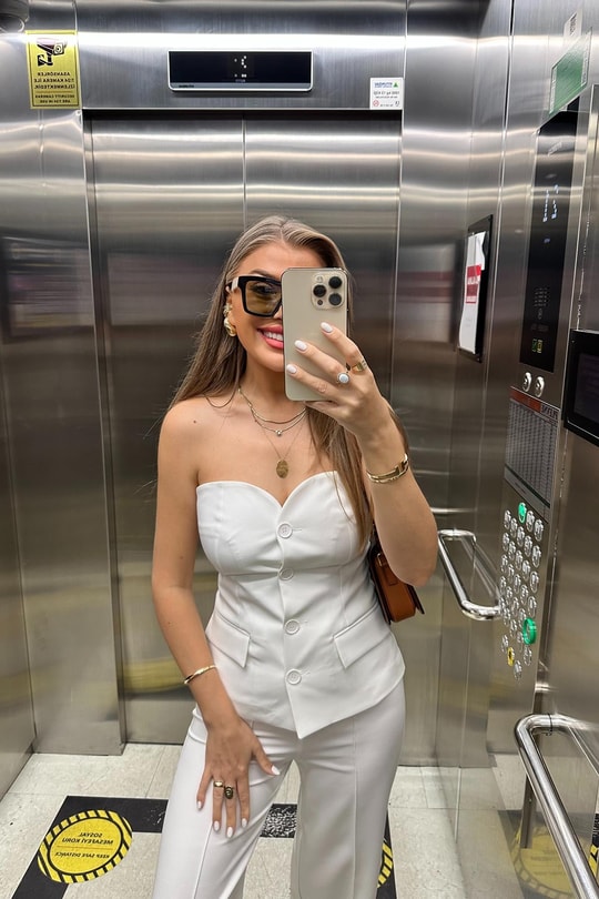 Premium Seri Straplez Yelek Palazzo Takım Beyaz