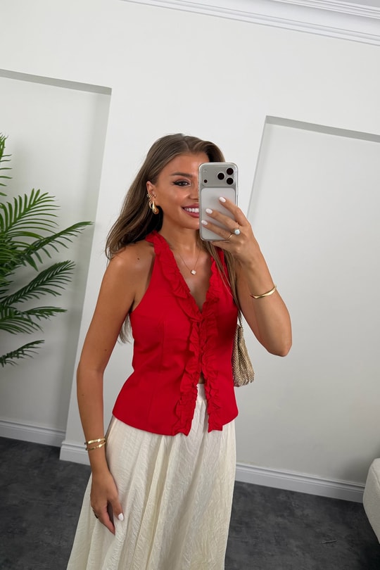 Premium Seri Tam Pamuklu Fırfırlı Amore Bluz Kırmızı   