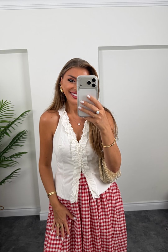 Premium Seri Tam Pamuklu Fırfırlı Amore Bluz Beyaz  