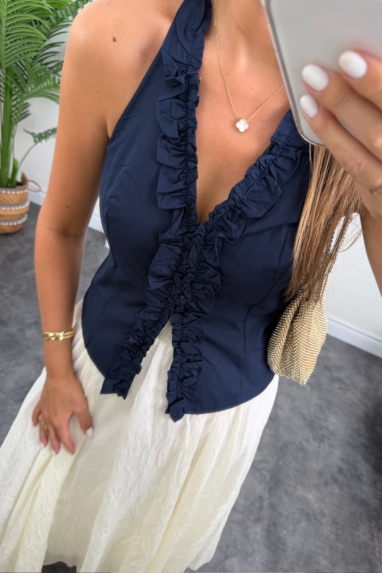 Premium Seri Tam Pamuklu Fırfırlı Amore Bluz Lacivert  