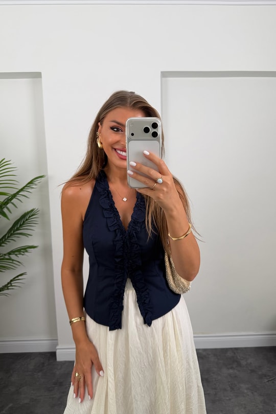 Premium Seri Tam Pamuklu Fırfırlı Amore Bluz Lacivert  