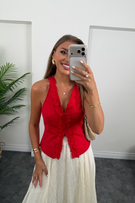 Premium Seri Tam Pamuklu Fırfırlı Amore Bluz Kırmızı   