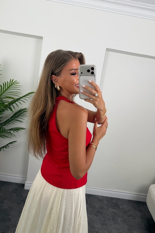 Premium Seri Tam Pamuklu Fırfırlı Amore Bluz Kırmızı   