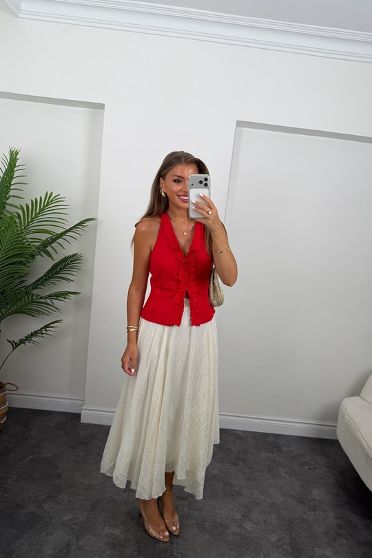 Premium Seri Tam Pamuklu Fırfırlı Amore Bluz Kırmızı   