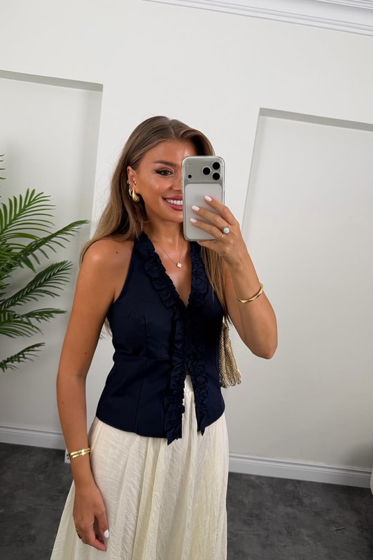 Premium Seri Tam Pamuklu Fırfırlı Amore Bluz Lacivert  