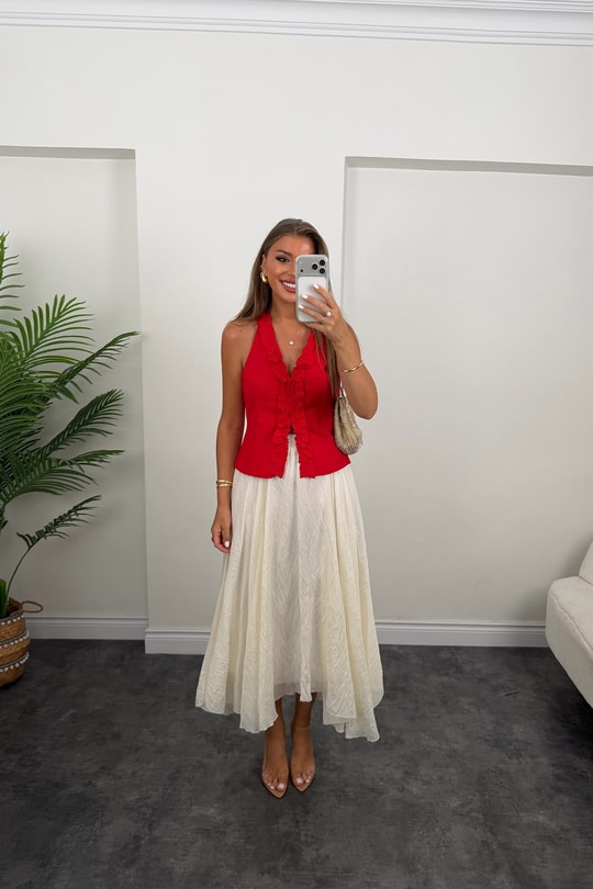 Premium Seri Tam Pamuklu Fırfırlı Amore Bluz Kırmızı   