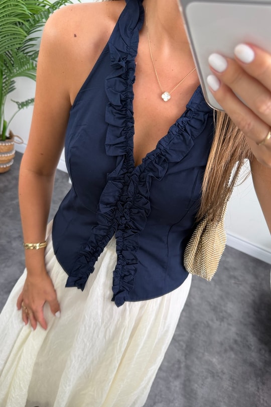 Premium Seri Tam Pamuklu Fırfırlı Amore Bluz Lacivert  