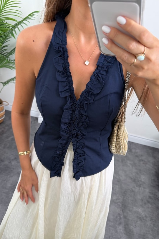 Premium Seri Tam Pamuklu Fırfırlı Amore Bluz Lacivert  