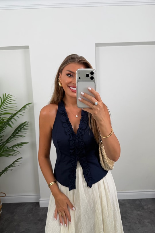 Premium Seri Tam Pamuklu Fırfırlı Amore Bluz Lacivert  