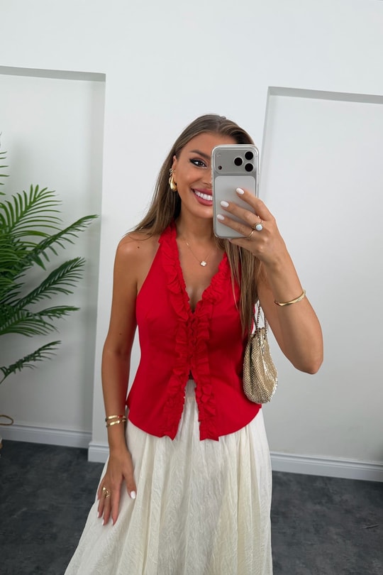 Premium Seri Tam Pamuklu Fırfırlı Amore Bluz Kırmızı   