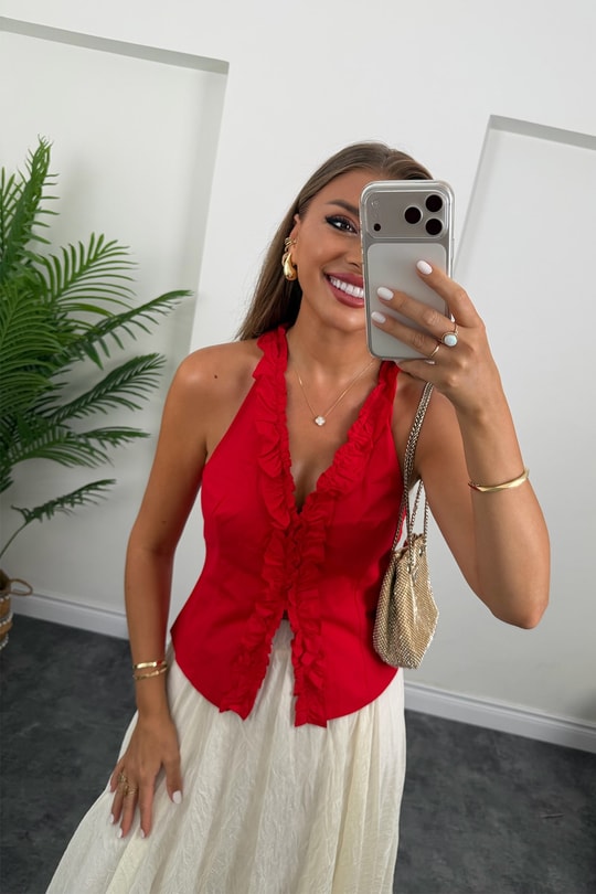 Premium Seri Tam Pamuklu Fırfırlı Amore Bluz Kırmızı   