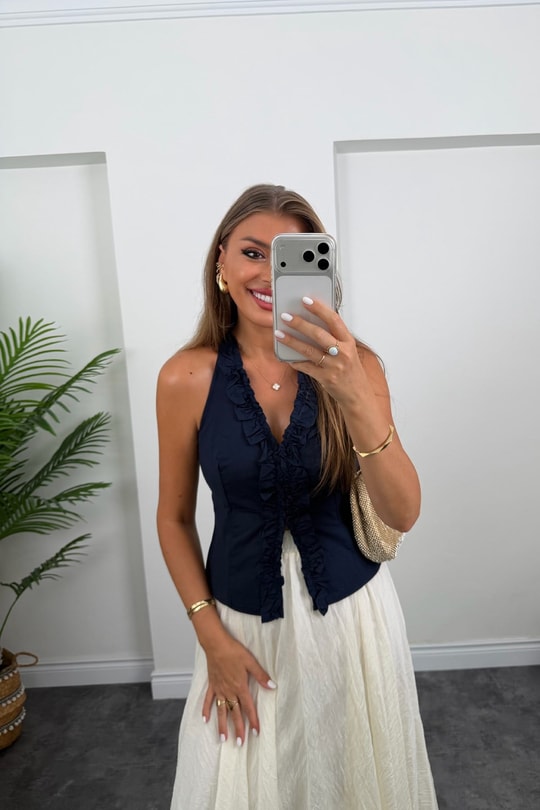 Premium Seri Tam Pamuklu Fırfırlı Amore Bluz Lacivert  