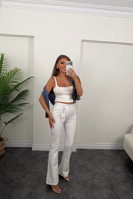 Premium Seri Tam Pamuklu İspanyol Jean Pantolon Beyaz