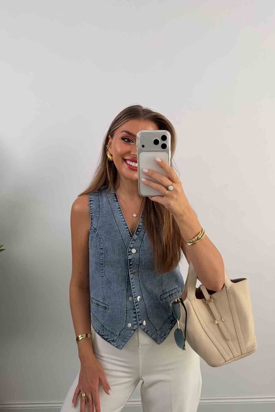 Premium Seri Tam Pamuklu Jean Yelek Mavi